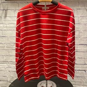 Red with white stripes womens top.